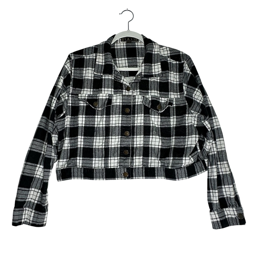 Taxi Black White Plaid‎ Cropped Flannel Shirt Jacket Cotton Shacket RN 48829